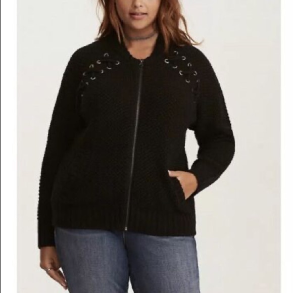 Torrid Black Lace Up Bomber Sweater - Picture 3 of 10